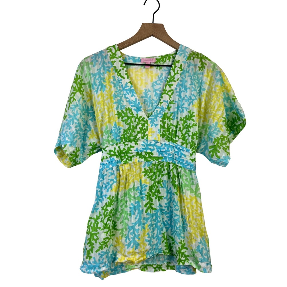 Lilly Pulitzer Boho Tunic Top Womens Small Coral Reef Print V Neck Kimono Sleeve
